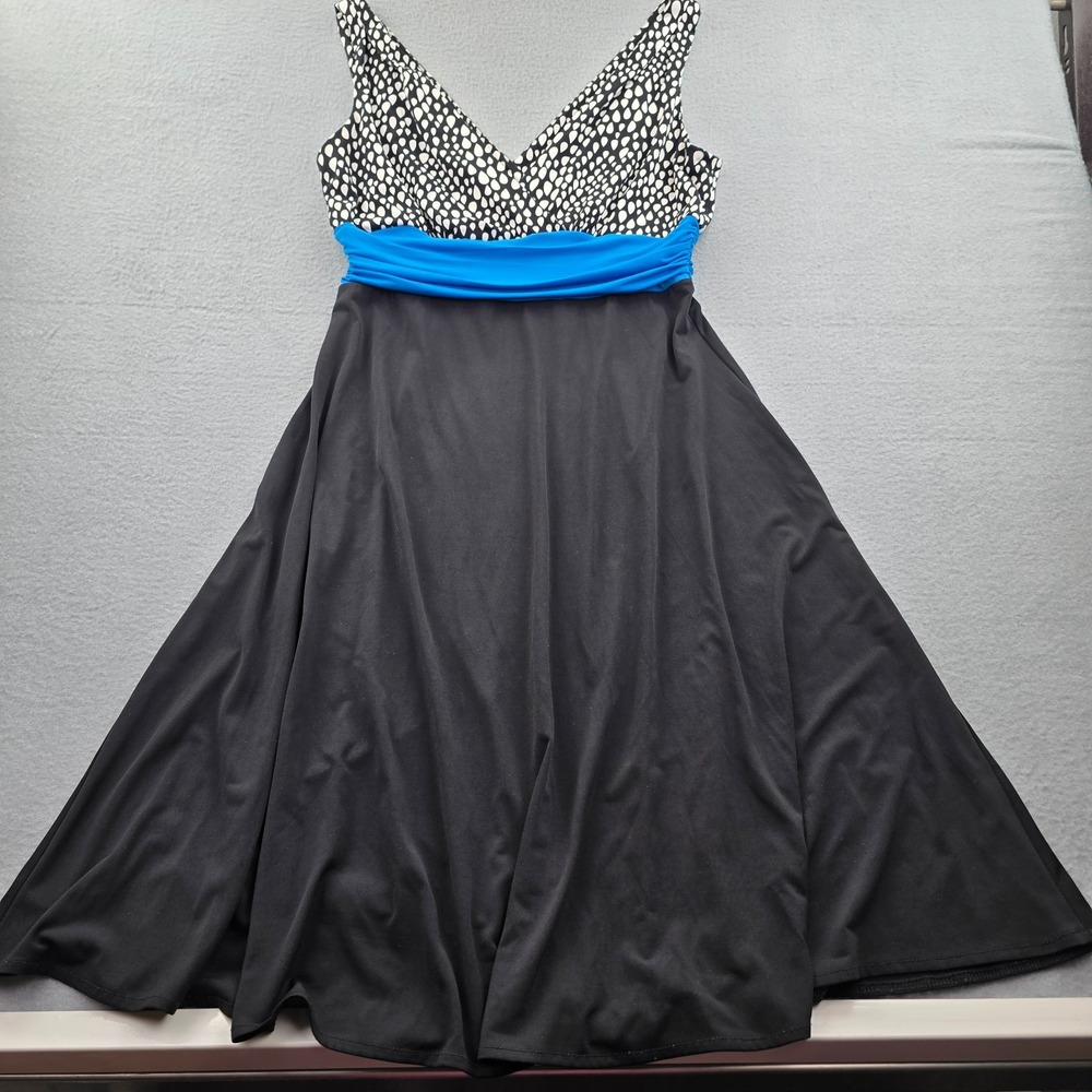 Vintage Lizzatti A-Line Dress Womens 12 Black White Polka Dot Deep V Neck Preppy
